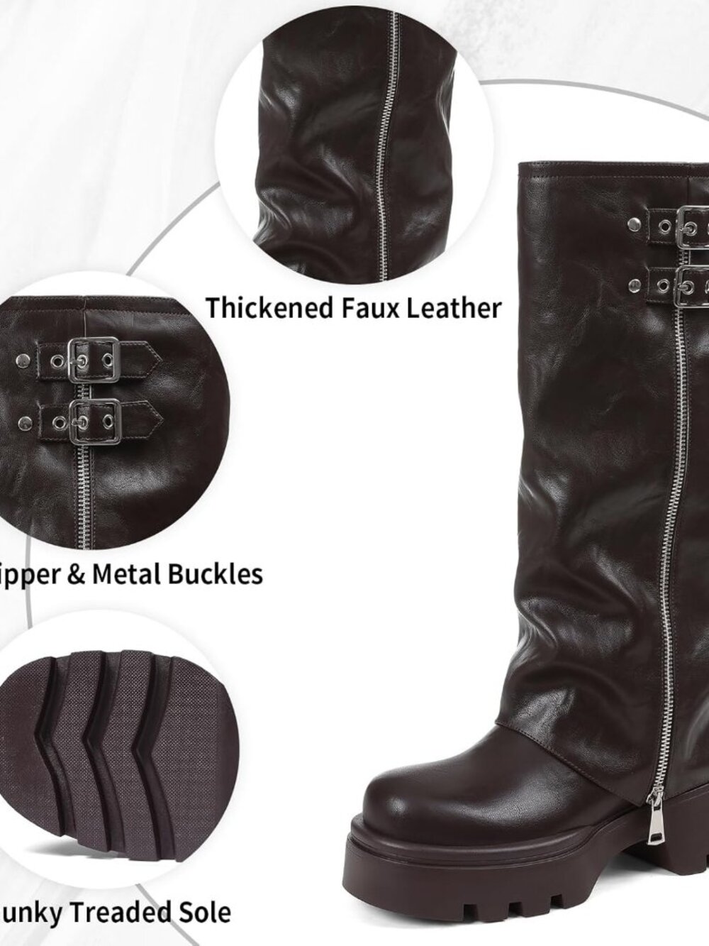 Women's Brown Knee High Boots Foldover Wide Calf Pull on Cute Chunky Platform - Picture 3 of 6